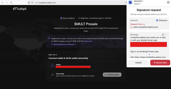 Browser showing the Multipli Foundation website with a "$MULTI Presale" registration page and a MetaMask signature request prompt for claim.multiplifoundation.com.