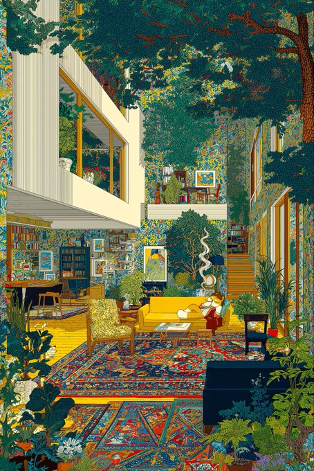 The image features a colorful room with various furniture pieces such as couches, chairs, tables, and potted plants. The room has a rug that adds to its vibrant atmosphere. There are several books scattered around the space, suggesting an interest in reading or studying. A person is present in the scene, possibly enjoying the cozy environment of the living area.