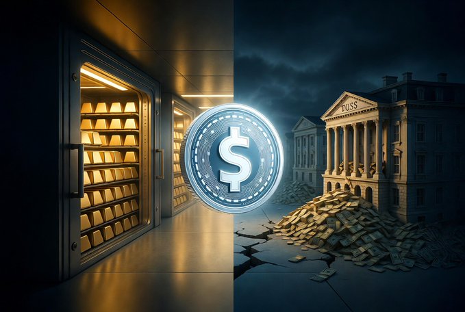 A split-concept digital illustration showing gold bars in a secure vault on the left and a crumbling classical 'FOSS' bank building with scattered money on the right, with a glowing dollar sign coin in the center.