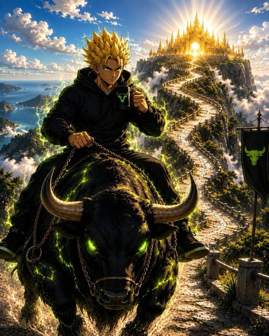 A dynamic anime illustration of a spiky blonde-haired character in a black hoodie holding a mug, riding a massive bull with glowing green eyes, with a golden castle on a mountain in the background.