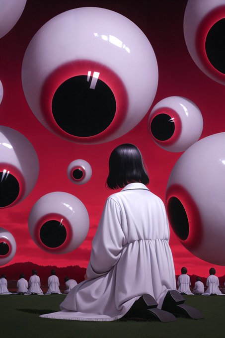 A digital artwork showing a figure in a white robe kneeling on grass, facing a red sky filled with giant floating eyeballs, with several smaller robed figures also kneeling in the distance.