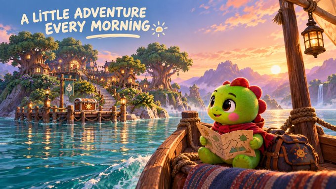 A colorful illustration features a cute green dinosaur character wearing a red cape and holding a map on a boat, with the text 'A LITTLE ADVENTURE EVERY MORNING' displayed above a vibrant fantasy coastal village.