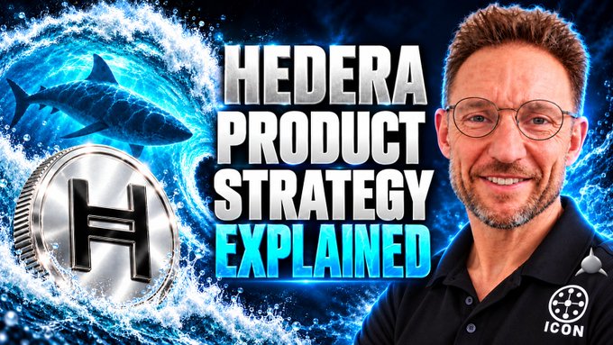 Thumbnail for “HEDERA PRODUCT STRATEGY EXPLAINED,” featuring an H coin, a digital fish, and a smiling man wearing an ICON logo shirt.