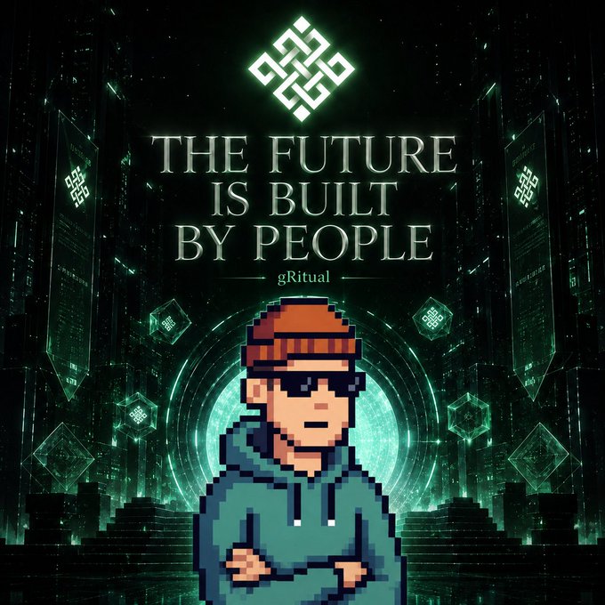 A pixel-art avatar wearing a beanie and sunglasses stands in front of a futuristic green digital backdrop with circuit-like patterns, beneath the glowing text "THE FUTURE IS BUILT BY PEOPLE" and the "gRitual" handle, visually reinforcing the post's message that Ritual is powered by its human community of builders.