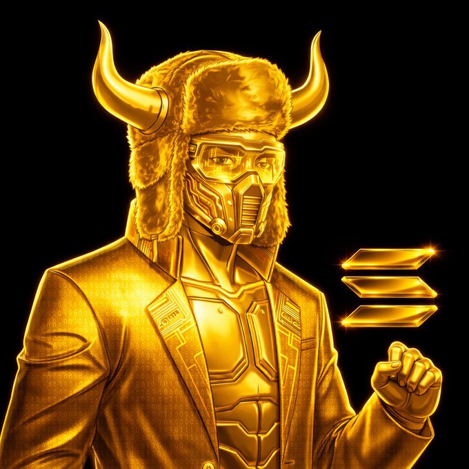 A golden digital illustration of a warrior character wearing a horned fur hat and futuristic mask, dressed in a suit of armor and a textured coat against a black background.