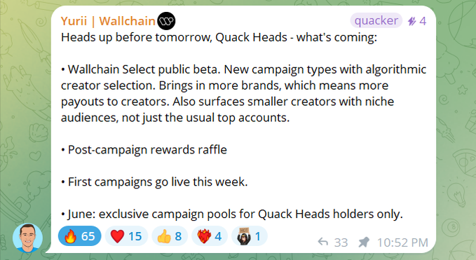 The image shows a screenshot of a message posted by someone named Wallchain on Twitter. The message is about an upcoming event or campaign related to Quack Heads. It appears that the person who posted this message is promoting a new campaign, possibly for Quack Heads, and they are inviting people to join it. The post also mentions that there will be a "first-class creator reward pool" for those who participate in the campaign.