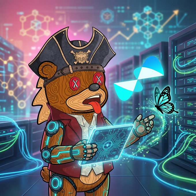 A digital illustration of a pirate-themed teddy bear with X eyes and a robotic arm, holding a glowing circuit board with a butterfly, set in a high-tech server room.