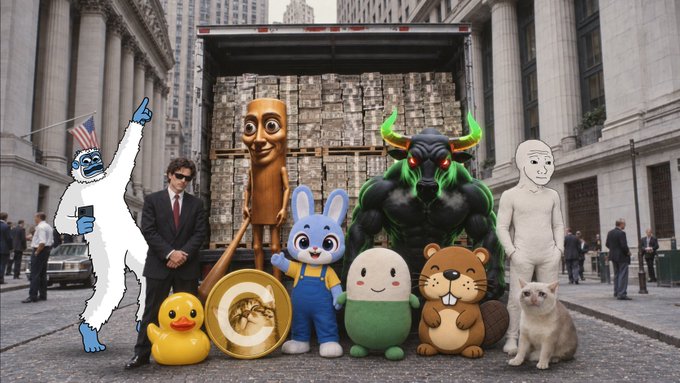 A group photo featuring various internet meme characters and figures—including a yeti with a phone, an American flag-hatted character, a golden idol, a blue rabbit, a green egg character, a beaver, a horned demon, a white figure, and a white cat—posed in front of a truck loaded with money on a city street.