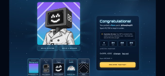A digital avatar customization interface with a congratulations message for obtaining a rare NFT pack "@theejhey01," featuring a robot character with TV-like head displaying a smiley face, with options to save avatar and X banner.