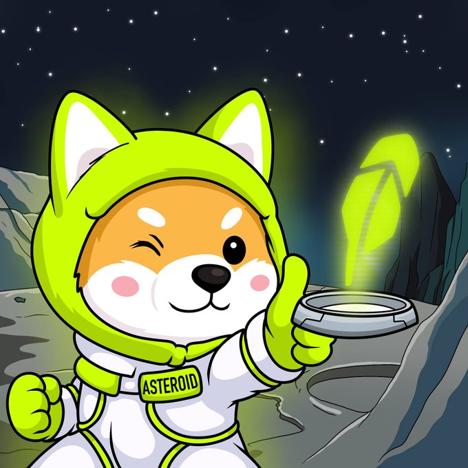 A cartoon Shiba Inu dog in a green hooded spacesuit labeled "ASTEROID" gives a thumbs-up on an alien planet at night, winking while holding up a glowing green feather-like signal. The mascot embodies the post's theme of cosmic insight, suggesting $ASTEROID is the keen-eyed explorer deciphering hidden signals across the universe.
