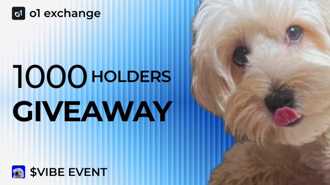 A promotional graphic for a "1000 HOLDERS GIVEAWAY" with a cute dog sticking its tongue out on the right side, displayed against a blue and pink striped background. The image features "01 exchange" branding at the top and "$VIBE EVENT" text at the bottom left, with the accompanying post highlighting $VIBE's 20x growth on BASE blockchain and referencing a buyback giveaway for holders.
