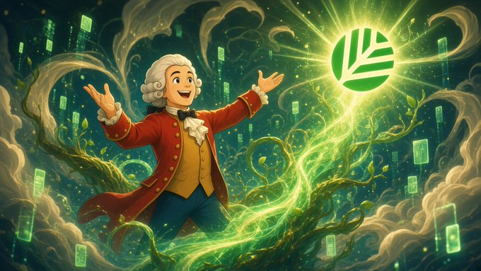 A jubilant figure in 18th-century attire with outstretched arms celebrates beside a glowing green leaf logo, surrounded by swirling vines, digital screens, and radiant energy—visually evoking the post's theme of Canopy Network (@CNPYNetwork) empowering developers to effortlessly grow sovereign chains from AI-generated apps, blending historical craftsmanship with futuristic blockchain growth.