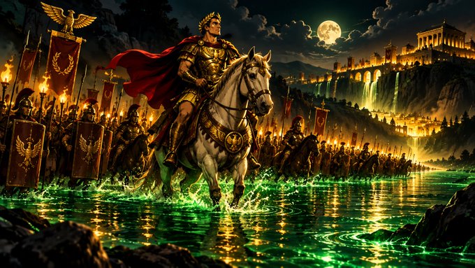 A fantasy digital artwork depicting a Roman-style emperor in golden armor and red cape riding a white horse through glowing green water, with an army and an illuminated city under a full moon in the background.