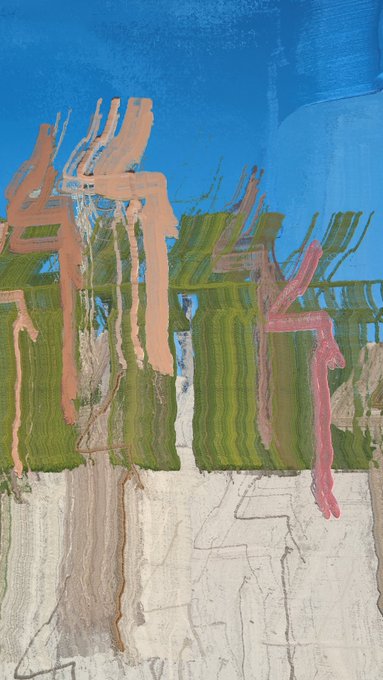 An abstract painting or texture featuring thick, expressive strokes of blue, green, peach/orange, and pink over a textured white/gray lower section.