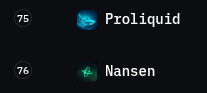 Dark interface snippet displaying a list numbered '75 Proliquid' and '76 Nansen', accompanied by blue and green logos respectively.