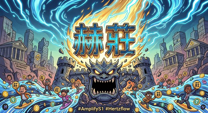 A vibrant cartoon illustration depicting a monstrous face bursting from a castle amid lightning, flames, and crashing waves, with people surfing on coins and the hashtag '#AmplifyS1 #Hertzflow' below stylized characters that appear to read '赫莊'.