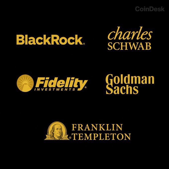 The image displays the logos of five major financial institutions—BlackRock, Charles Schwab, Fidelity Investments, Goldman Sachs, and Franklin Templeton—rendered in gold against a black background, with a "CoinDesk" watermark in the upper right corner.

The image relates to the post "Get it done!!" by showcasing prominent Wall Street firms that have been making moves in the cryptocurrency space, suggesting an urgent call for these major players to fully commit to crypto initiatives like spot Bitcoin ETFs.