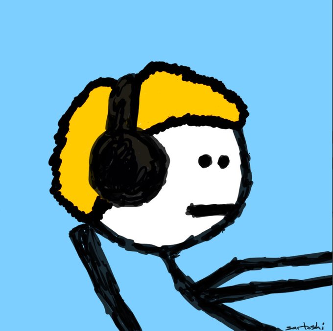 Digital cartoon drawing of a white-faced character wearing yellow and black headphones, signed "zartoshi" against a blue background.