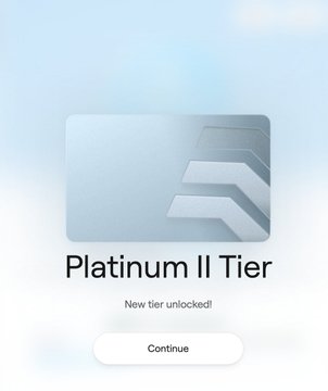 A mobile app screen displaying a 'Platinum II Tier' achievement notification with the message 'New tier unlocked!' and a 'Continue' button on a light blue background.