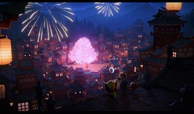 An animated scene depicting a character overlooking a traditional East Asian village at night, illuminated by glowing lanterns and fireworks exploding in the sky above a pink cherry blossom tree.