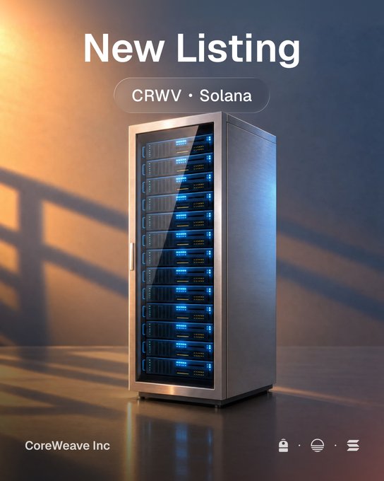 A sleek server rack with glowing blue lights stands against a warm-toned background, promoting the new listing of "CRWV · Solana" on Sunrise, issued by Backpack Securities for CoreWeave Inc. The image's server hardware visually represents CoreWeave's AI infrastructure and cloud computing identity as the company expands into the Solana blockchain ecosystem.