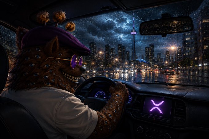 An anthropomorphic hyena character wearing a purple beret and round sunglasses drives a car at night, looking out over a rainy, neon-lit cityscape with an 'X' logo displayed on the dashboard.