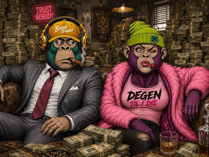 An illustration of two anthropomorphic monkeys sitting on a couch surrounded by stacks of cash, labeled '$BTRD'. The male monkey wears a suit, cigar, and 'Bored Trader' cap; the female wears a pink 'DEGEN TIL I DIE' shirt and beanie, with 'TRUST NOBODY' and 'RISK IT ALL' neon signs in the background.