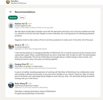 The image shows a "Recommendations" page for Data Bear at Robinhood, featuring positive endorsements from team members Nathan Yan (3+1), Shery S. (5+1), Deqing Chen (3+1), and Ruby Wang (2+1), all praising Data Bear's leadership and contributions to the team, which aligns with the post highlighting a Robinhood-related Ethereum address (0x90079857237da767c38d1d261a39848ea424319e) likely tied to this employee's profile.