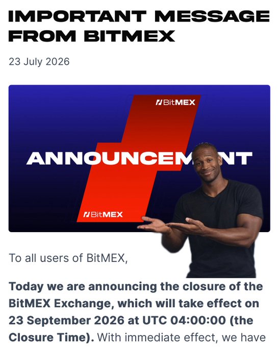 BitMEX announces the closure of its exchange effective September 23, 2026, with immediate suspension of new user registrations and a phased wind-down culminating in forced liquidation of open positions. The image shows BitMEX's official announcement featuring a man gesturing toward a bold "ANNOUNCEMENT" graphic, visually conveying the end of the platform that originally invented crypto perpetual contracts—a legacy now carried forward by Hyperliquid.