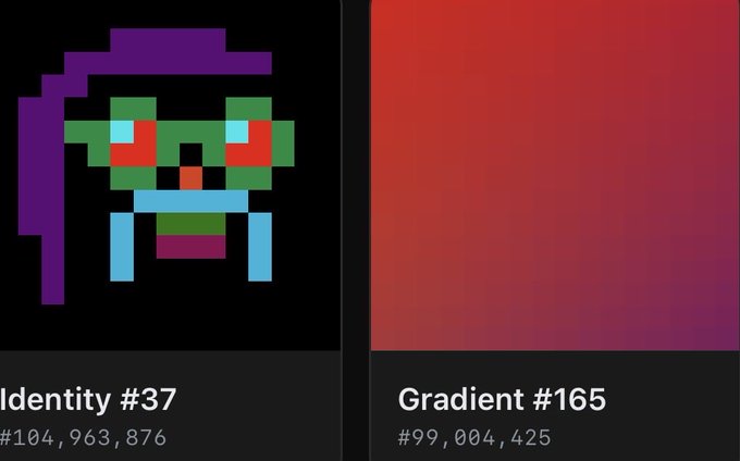 Two pixelated digital art cards are displayed side by side: "Identity #37" (#104,963,876) on the left featuring a green-faced character with a purple hood and colorful accents, and "Gradient #165" (#99,004,425) on the right showing a red-to-purple color gradient—both presented as Bitcoin Ordinals inscriptions.