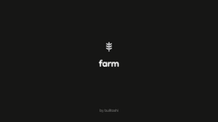 A minimalist black screen with a small white icon of a microchip or plant in the center, accompanied by the word 'farm' in lowercase text. There is very small text at the bottom.