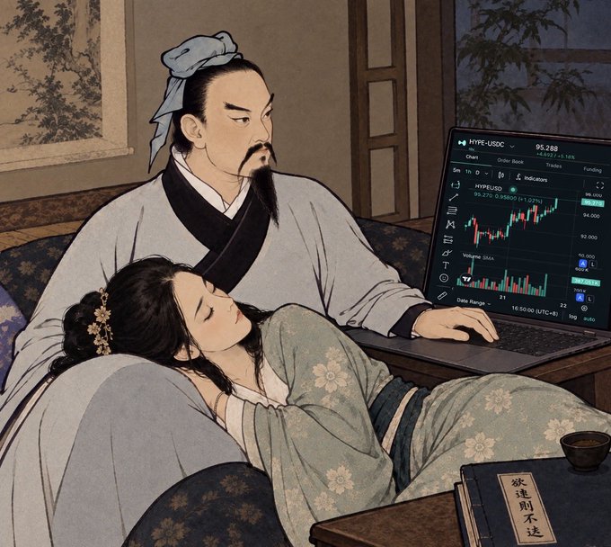 An illustration in a traditional East Asian painting style depicts a man in robes trading crypto on a laptop (showing 'HYPE-USDC' chart) while a woman in patterned robes sleeps with her head on his lap.