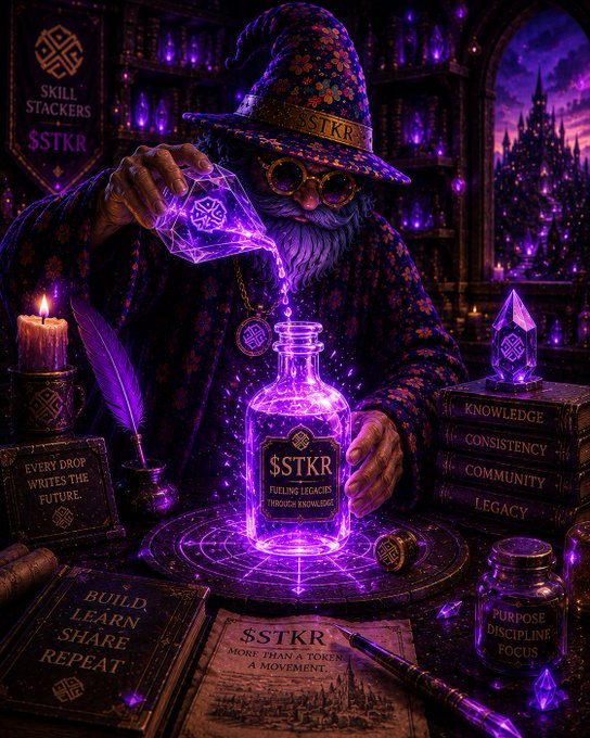 Fantasy digital art of a wizard in a purple floral robe pouring glowing purple liquid from a polyhedron flask into a bottle labeled '$STKR', surrounded by books titled with words like 'KNOWLEDGE', 'CONSISTENCY', and 'COMMUNITY'.
