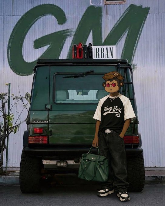 An illustrated cartoon character wearing heart-shaped sunglasses and a 'Half Evil 333' raglan shirt, standing in front of a dark green SUV with a 'URBAN' rooftop sign and 'GM' graffiti on the wall behind.