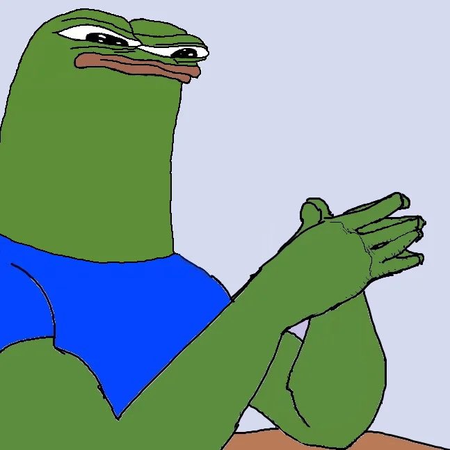 A drawing of the Pepe the Frog meme wearing a blue shirt, with his arms raised and hands clasped together.