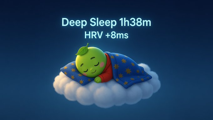 A cute green mascot character sleeping on a fluffy white cloud under a starry blanket, with text reading 'Deep Sleep 1h38m HRV +8ms' on a dark blue background.