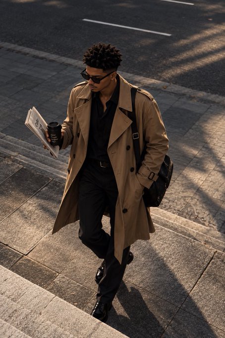 A young man in a tan trench coat and sunglasses descends stone steps while holding a coffee cup and a folded newspaper, perfectly capturing a stylish morning routine. The cinematic composition and warm golden light complement the casual "Good morning frens" greeting, evoking the essence of a fashionable start to the day.