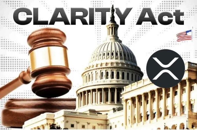 The image displays the text "CLARITY Act" alongside the U.S. Capitol building, a judge's gavel, the XRP cryptocurrency logo, and an American flag, visually representing the proposed legislation's potential impact on U.S. crypto regulation, particularly highlighting XRP as a key digital asset.
