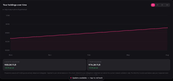 A dark-themed financial dashboard displays a line chart titled 'Your holdings over time,' showing a 3Y timeframe with values of 955.0K FLR and 976.2K FLR.