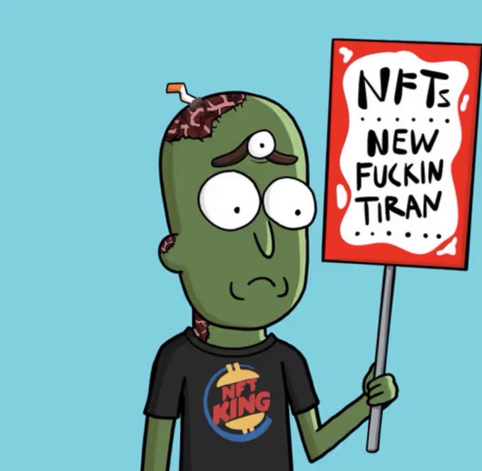 A cartoon zombie character with three eyes and exposed brain wearing an 'NFT KING' shirt, holding a sign that reads 'NFTS! NEW FUCKIN TIRAN'.