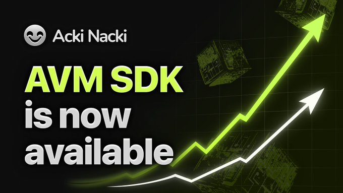 A promotional graphic by Acki Nacki announces "AVM SDK is now available," featuring the brand's logo alongside ascending green and white arrows overlaid on a background of 3D cubes, symbolizing growth and the rollout of their new smart contract development toolkit.
