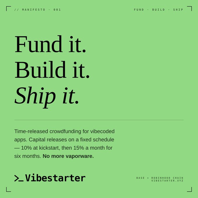 A minimalist green manifesto poster for Vibestarter (Manifesto · 001) with the headline "Fund it. Build it. Ship it.," promoting time-released crowdfunding for vibecoded apps that releases capital on a fixed schedule—10% at kickstart, then 15% monthly for six months—with the tagline "No more vaporware" and branding for Vibestarter.xyz built on Robinhood Chain.