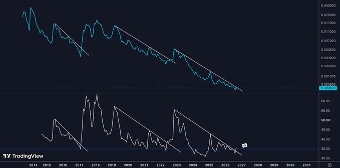 A TradingView chart displays the Litecoin ($LTC) price action alongside an RSI indicator, both showing a descending channel pattern from around 2017 to a projected 2027, with prices currently near $0.006673 and RSI hovering around 30. The post's caption "You ready to ride?" suggests anticipation of a breakout or reversal after the prolonged downtrend visible in the chart.