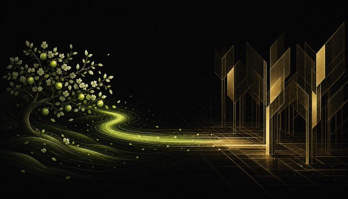 A stylized golden tree with green fruits stands on the left, with its glowing roots flowing like a stream toward a geometric golden structure on the right, symbolizing the Ironwood migration's transition of ZEC shielded supply to a new credibly sound pool. The image visually represents the journey from organic origins (evidencing Orchard integrity) to the structured, fortified "Ironwood" pool architecture launching in 10 days.