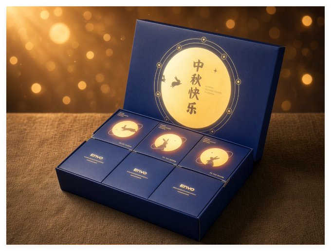 A blue Mid-Autumn Festival (中秋快乐) gift box set from Envio, featuring moon-themed packaging with rabbits displayed on a burlap surface against a golden bokeh background.