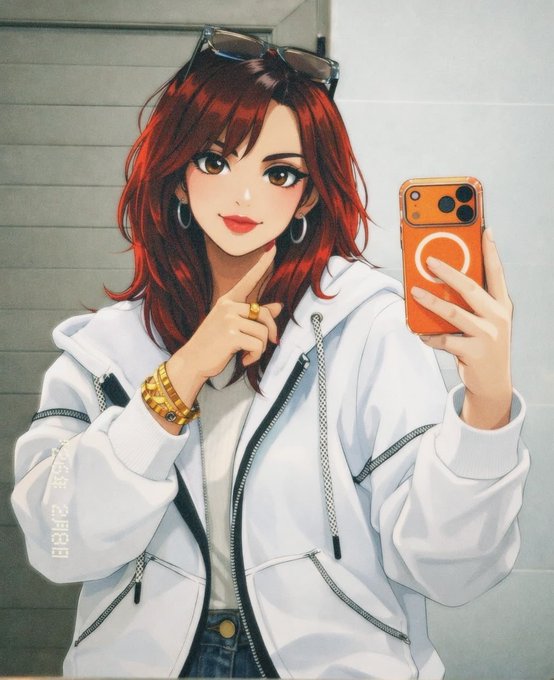An anime-style red-haired girl in a white hoodie takes a mirror selfie with an orange iPhone, accessorized with gold bracelets and sunglasses perched on her head. The image stylistically fits the post's casual "good evening" vibe while highlighting the partnership exploration between Quip Network and The Arc Terminal.