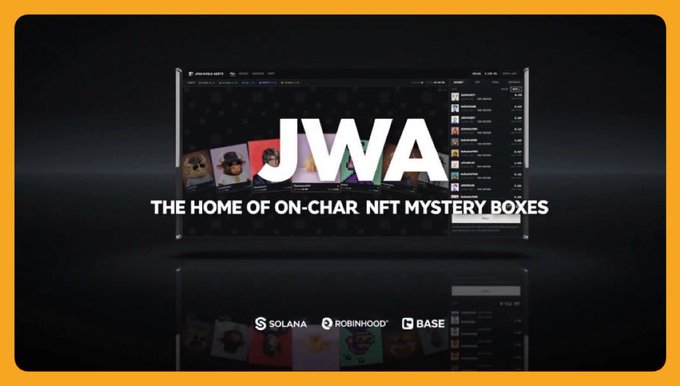 A promotional graphic for 'JWA' (Jupiter Wrapped Avatars) describes it as 'THE HOME OF ON-CHAIN NFT MYSTERY BOXES', supported by Solana, Robinhood, and Base, shown alongside a marketplace interface.