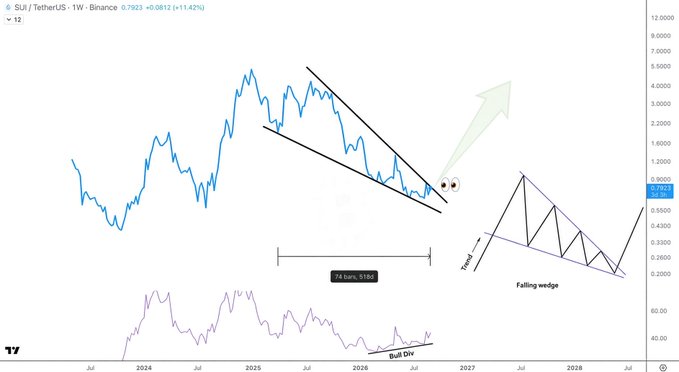 A TradingView weekly chart for SUI/TetherUS showing price action forming a falling wedge pattern with technical analysis annotations including a Bull Div indicator on the RSI.