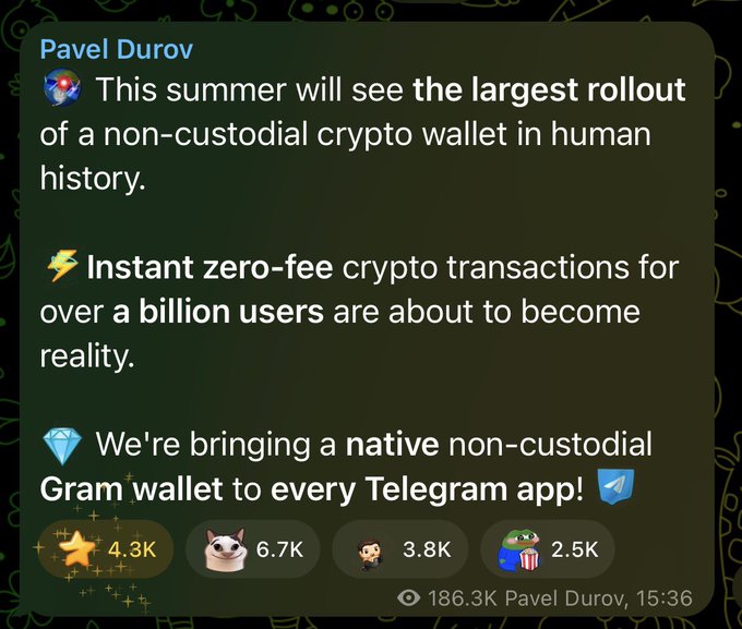 A screenshot of a post by Pavel Durov on Telegram announcing that "this summer will see the largest rollout of a non-custodial crypto wallet in human history," bringing "instant zero-fee crypto transactions for over a billion users" via a native non-custodial Gram wallet integrated into every Telegram app. The post has 186.3K views and shows 4.3K reactions alongside other emojis totaling around 17.3K engagements, posted at 15:36.