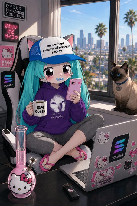 An anime-style cat-eared girl wearing a "GM QUEEN" hoodie and a "valued member of present society" hat sits cross-legged with a phone and Hello Kitty bong, surrounded by Solana, Hello Kitty, and "HIKIKOMORI CONDITION" stickers, while a Siamese cat perches nearby by a laptop. The "GM" mug and Solana branding tie directly into the post's crypto "GM" greeting and question about which coins to buy.